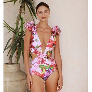 Women's FLAXMAKER Ruffle Cut Out Floral Printed One Piece Swimsuit Sz S EUC